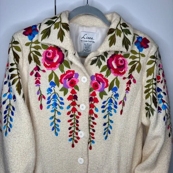 Vintage Linea by Louis Dell'Olio Ivory Coat Floral Embroidery Lined - Size M - Picture 2 of 5
